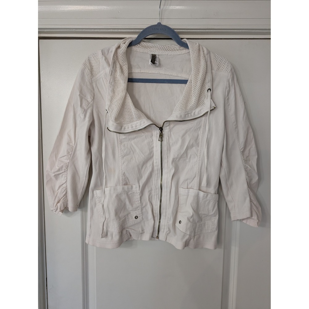 XCVI Womens White Mixed Media Zip Up Jacket Ruched 3/4 Sleeve Small neutral